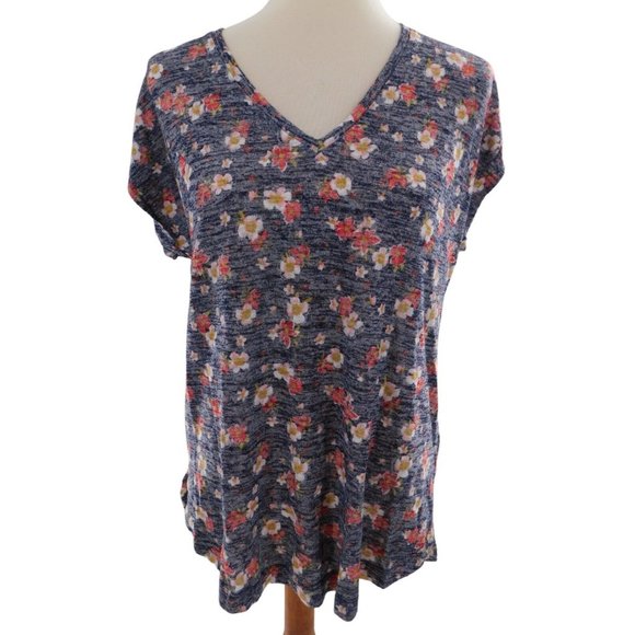 B Collection by Bobeau Women's Large Shirt Navy Blue Floral Short Sleeve V-Neck - Picture 1 of 4